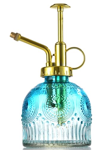 Glass Plant Mister Spray Bottle, 230ML Vintage Plant Spritzer, Succulent Watering Bottle Glass with Top Pump, Small Plants Sprayer Watering Can for Indoor Outdoor House(Blue and White) - color: dark or deep green