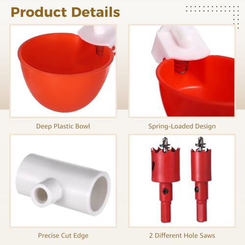 Automatic Chicken Waterer System - Complete PVC Pipelines Set with 8 Deep Drinking Cups, T Connectors, Float Valve, Automatic Pipe Feeder Poultry Watering Kit, Easy DIY Setup