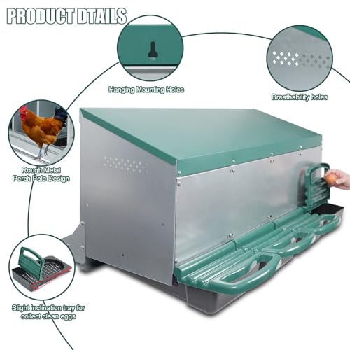Chicken Nesting Box, 4 Holes Nesting Boxes, Heavy Duty Metal Laying Boxes, Roll Away Nesting Box Egg Collection Tray, with Roosting Pole for Chicken Coop(Green) - size: 4 Holes