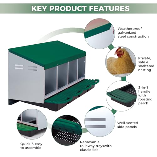 Chicken Nesting Box 4-Compartment Roll-Out with Pull-Out Trays, Egg Nesting Boxes for Hens, Chicken Coop Laying Box,Easy Wall Mounting with Metal Legs - color: green, size: 4 holes
