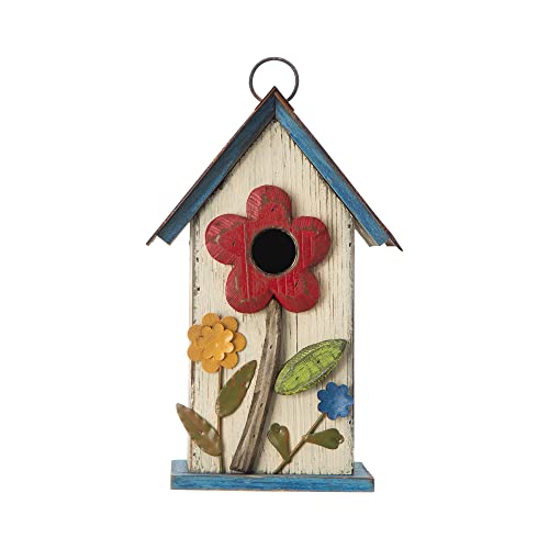 Glitzhome 10.25" Hanging Birdhouse for Outside, Distressed White with 3D Flowers - Spring Ready Nesting Box & Christmas Garden Gift Idea