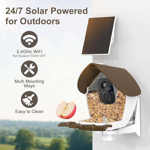 Smart Bird Feeder with Camera Solar Powered 2K HD Live Video with 32GB Card | AI Identifies 10,000+ Bird Species, Instant Alerts, IP65 Waterproof, Easy Setup, Bird Watching Gift for Bird Lovers - color: Brown