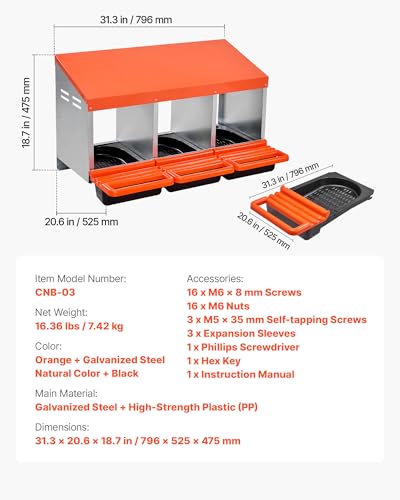 VEVOR Chicken Nesting Boxes, 3 Compartments, Metal Egg Laying Boxes with Protective Collection Lids, Roll Out Nesting Box, Easy to Assemble, Ideal for Hens, Ducks, Chickens, and Other Poultry, Orange - size: 31.3"L x 20.6"W x 18.7"H