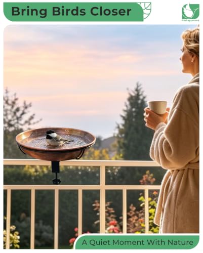 Deck Mounted Bird Bath with Adjustable Clamp, Removable Metal Bowl | 0.7 Gal Capacity, Easy Clean, Balcony Deck Use, Stable Railing Mount