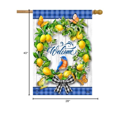 Lemon Wreath Spring House Flag Welcome Bluebird 28" x 40" Briarwood Lane - color: Lemon Bird