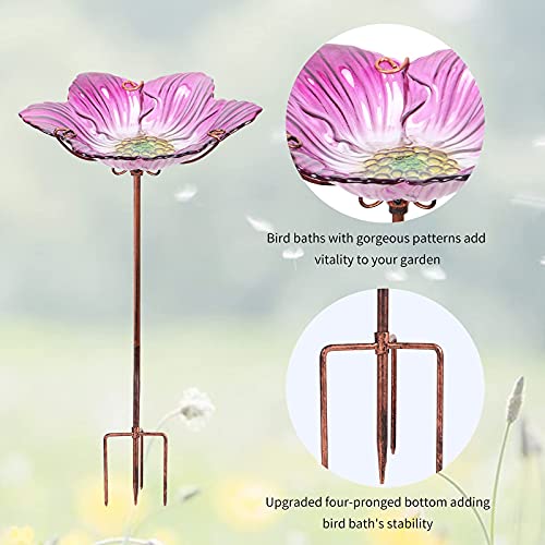 26" Glass Bird Bath, Outdoor Birdbath Bird Feeder Pink Flower Metal Stake | Bird Bath for Outside with Stable Metal Stake, Attracts Birds for Bathing and Adds Elegant Outdoor Garden Decor - color: Pink