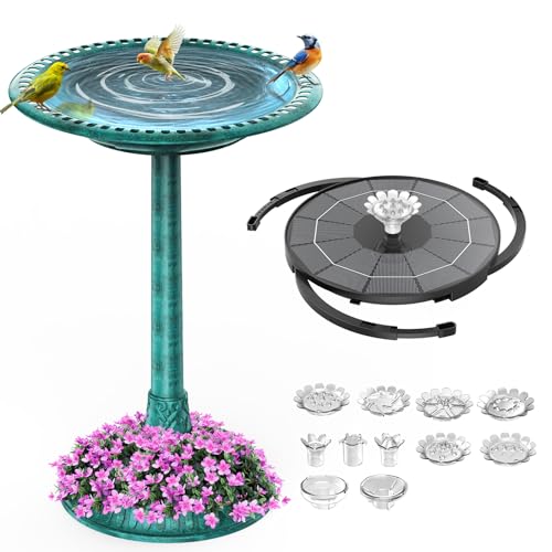 AISITIN 28 Inch Bird Bath with 3.5W Solar Fountain for Outside, Green | Polyresin Pedestal Bird Baths for Outdoor Garden Courtyard Decoration, Weather-Resistant Birdbaths with 20" Bowl & 8 Nozzles - color: Green