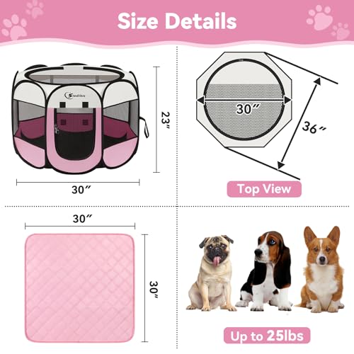 Siedihit Dog Cat Pet Playpen Tent Crate Cage with Washable Pad, Medium Pink | Breathable double-layer mesh Wide applicability Recovery After Surgery Portable Easy to Set up lightweight Recovering Pets - color: Pink with Pad