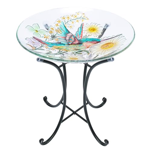 Glass Bird Bath with Metal Stand, Outdoor Garden Feeder, Hummingbird | Glass Large Bird Baths Bowl with Metal Stand for Outdoors, Hummingbird Patterns Bird Feeder for Outside Garden, Patio Decor - color: Hummingbird