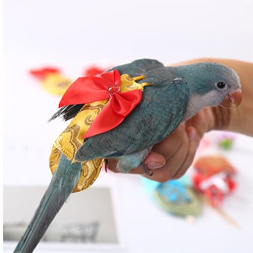 Escape-Proof Adjustable Parrot Flight Suit with Chinese Brocade Bow, Reusable Washable Bird Diaper Clothing for Cockatiels, Parakeets, Monk Parrots, Sun Conures & Mini Macaws (Yellow Nylon-S) - size: Yellow nylon-S