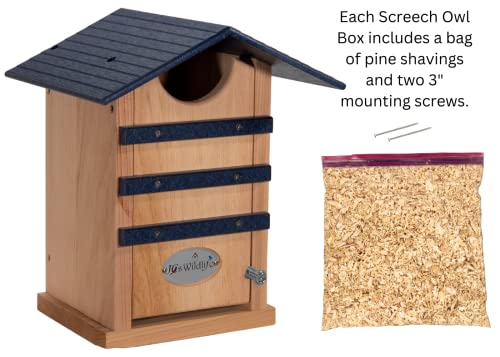 Screech Owl House Cedar Nesting Box with Poly Lumber Roof, Saw-Whet Owl Box for Outside, Drainage Ventilation, Easy Cleanout, Made in USA, Blue - color: Blue