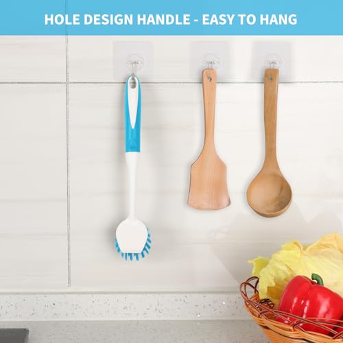 Dish Brush with Handle, 2 Pack Scrub Brushes, Blue | Built-in Scraper, For Cleaning Kitchen, Pots, Pans and Sink, Scrubber Washing Tools - color: Blue