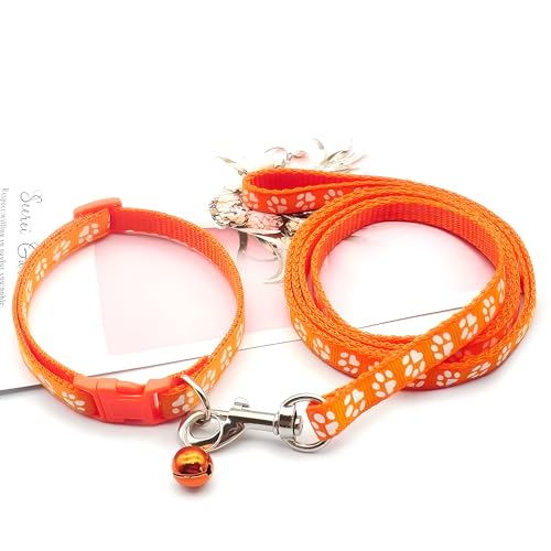 Orange Cat Collar and Leash with Bell Set, Puppy Dog Kitten Collars,XXS,XS | Paw Print Reflective Dog Collar Leash Set with Bell, Basic Nylon Boy Girls Pet Collar Adjustable For XXS XS S Tiny Puppies - color: orange