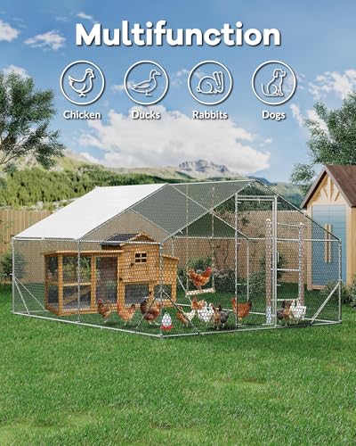 Large Metal Chicken Coop Upgrade Tri-Supporting Wire Mesh, 9.8' W x 6.5' L x 6.6' H Walk-in Poultry Cage, Chicken Run Pen House with Waterproof & Anti-Ultraviolet Cover & Lockable Doors for Outdoor