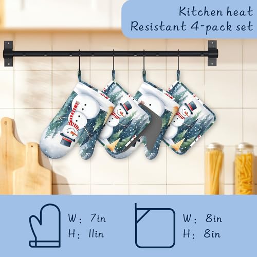 Oven Mitts and Pot Holders Sets,Cute Snowman Thick Cotton Kitchen Oven Mitt Set,Christmas Winter Forest Waterproof Anti-Slip Silicone Mittens for Baking,Cute Cooking Utensils Set - color: Cute Snowman