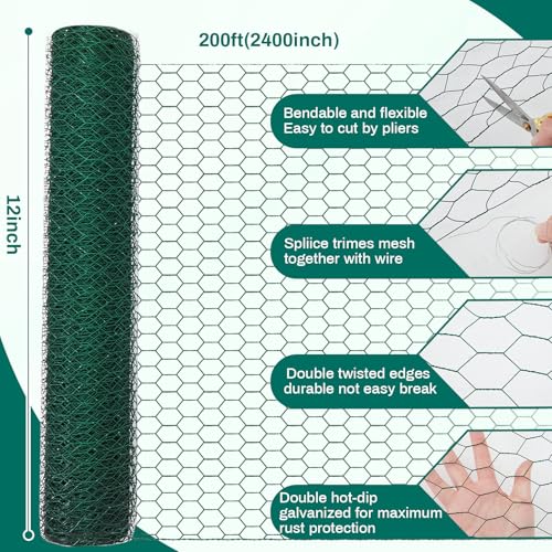 GlikCeil 12 in X 200 ft Chicken Wire Fencing Metal Floral Chicken Wire Mesh for Crafts Poultry Garden, 1 Inch Hexagonal Galvanized Hardware Netting for Poultry Coop Barrier Rabbit Cage (Green) - color: Green, size: 12 in X 200 ft