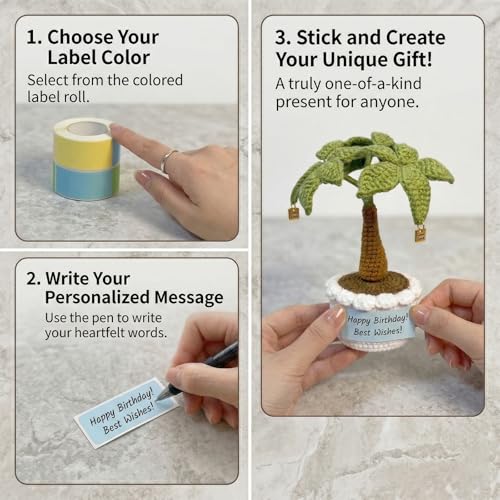Emotional Support Crochet Money Tree with Sticky Notes Roll, Handmade Positive Desk Decor Plant with “Good Luck” Charms, 7 Inch Mini Office Home Ornament, Encouragement Gift for Coworkers, Friends