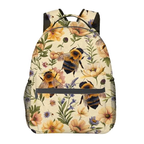 Retro Bee Backpack,Wildflower Cream Polyester Backpacks,Lightweight Double Shoulder Back Pack for Girls Women,Vintage Nature Bookbag,School Bag Gifts,Casual Travel Daypack Book Packs - color: Bee