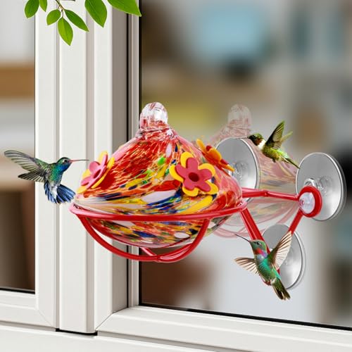 Window Hummingbird Feeder - Hand Blown Glass Mounted Hummingbird Feeder with Strong Suction Cups for Outdoor Window Mount (Red) - color: Red