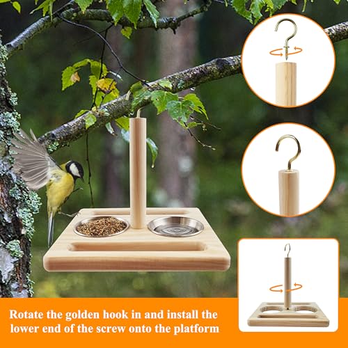 Bird Perch with Stainless Steel Feeding Bowl Cups,Parrot Wood Perch Stand Toy,Bird Cage Accessory,Parakeet Supplies for Parakeet Lovebird Cockatiel Conure Budgie Small Parrots(Small Size)