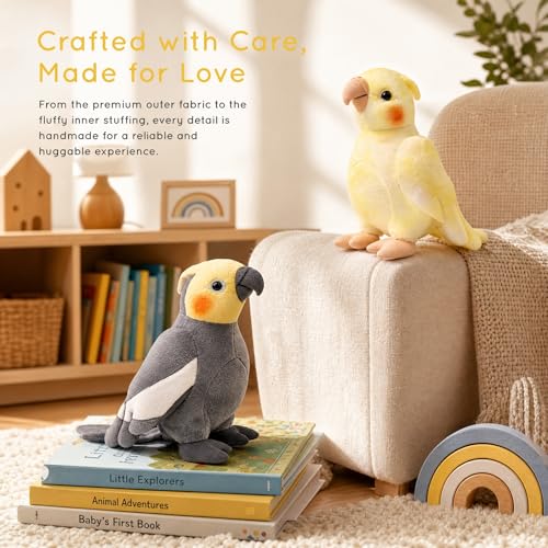 Cockatiel Plush Toy Set - 2pcs Simulation Yellow and Grey Parrot Stuffed Animal, Cute Little Bird Doll as Gift for Your Friends 7 Inch - style: Gray and Yellow