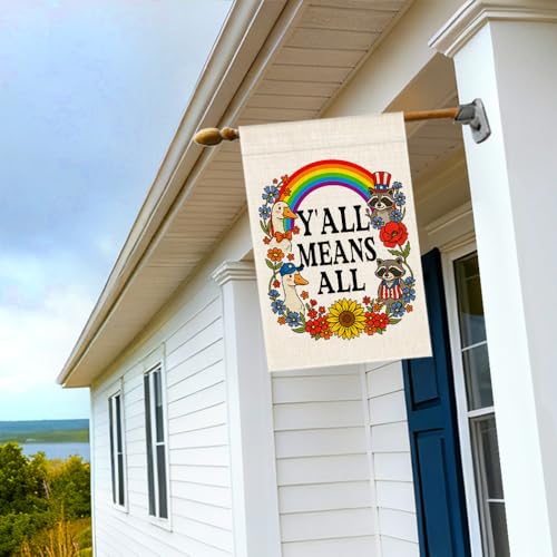 RZHV Y'ALL MEANS ALL Double-Sided Garden Flag for Outdoor House Yard Sign Garden Decor Parade, Funny Motivational Silly Goose Raccoon Social Justice Yard Flag, Inclusive Outdoor Decoration Banner - color: Y'all