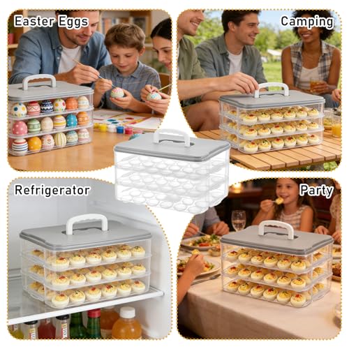 3-Layer Deviled Egg Container with Lid and Handle, Clear Plastic Deviled Egg Carrier Storage 72 Eggs, Portable Stackable Eggs Holder Platter for Easter, Thanksgiving Day, Party, Picnic