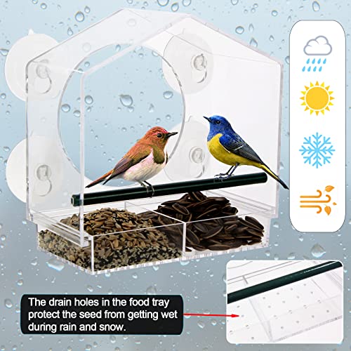 Acrylic Window Bird Feeder with 4 Strong Suction Cups, Clear and Transparent Bird House, Removable Food Tray with Drain Holes, Easy Install and Clean for Backyard and Viewing
