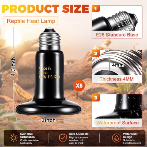 6 Pack 150W Ceramic Heat Emitter, No Light Reptile Heat Lamp Bulb for Bearded Dragon Tank, Chicken Brooder and Coop, E26 Ceramic Heater Bulb for Large Terrarium - style: 150W
