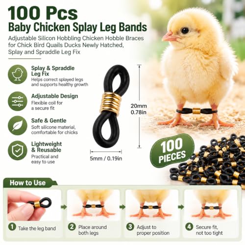 100 Pcs Baby Chicken Splay Leg Bands, Adjustable Poultry Leg Hobble Brace | Sofr Silicon Splay and Spraddle Leg Fix, for Newborn Chick, Quail, Duck, Bird