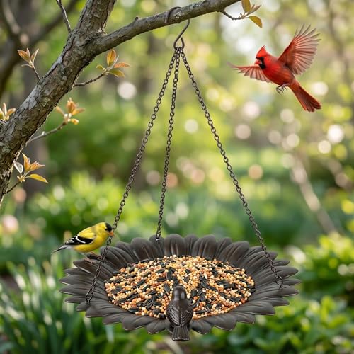 Topadorn Hanging Bird Feeder Tray, Sunflower Platform Feeder for Outside | Outdoor Bird Feeder Tray for Wild Birds, Metal Seed and Water Dish with Hanging Chains and S-Hook for Garden and Patio