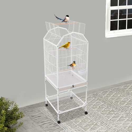Bird Cage, 18.11 x 18.11 x 53.54 Inch Mobile Bird Flight Cage Large Metal Parakeet Cage w/Slide-Out Tray & Storage Shelf for Budgerigars Lovebirds Kea Parrots & Sun Conures - color: White, size: 18.1"L x 18.1"W x 53.5"H