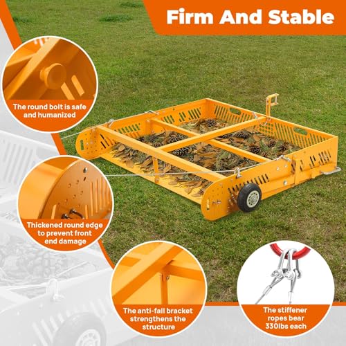 POPMOON 2-in-1 Horse Manure Fork Paddock Cleaner Tow Behind Trailer, 330 lb | Manure Scooper Yard Sweeper for Horse Manure, Heavy Duty Drag Manure Collector Fit ATV UTV Pasture Stable Farm Yard Cleanup - size: 43.5" L -with wheels