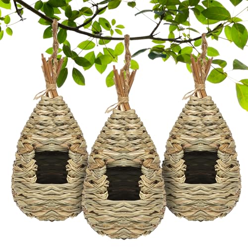 GUTE Hummingbird Houses 3Pcs Hand Woven Grass Hanging Bird Nest | Natural Grass,Hand-Knitted,Sturdy Shelter,Ventilated Cozy Design,Blends in Trees,Easy to Hang,Garden,Window - color: Water Drop Shape, size: 3pack