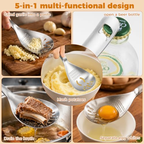 Multifunctional 5-in-1 Cooking Spoon with Cleaning Brush, 18/8 304 Stainless Steel Slotted Spoon, Kitchen Utensil for Potato Masher, Egg Separator, Bottle Opener, Mixing Stirrer
