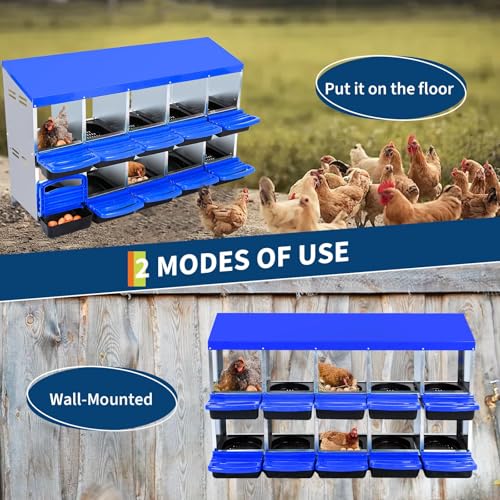 Chicken Nesting Box, 10 Compartment Roll Away Design for High-Volume Egg Collection and Easy Wall Mounting with Metal Legs - color: Blue, size: 10 holes