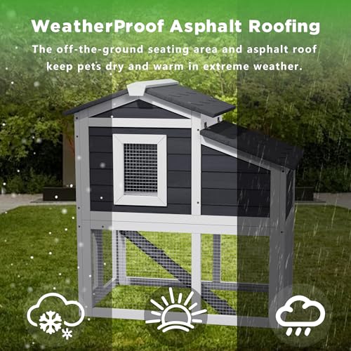 Wooden Rabbit Hutch Indoor,2 Story Bunny House | Openable Asphalt Roof, Removable Tray, Wire Fence, Lockable Doors, Access Ramp, Nesting Box - color: White