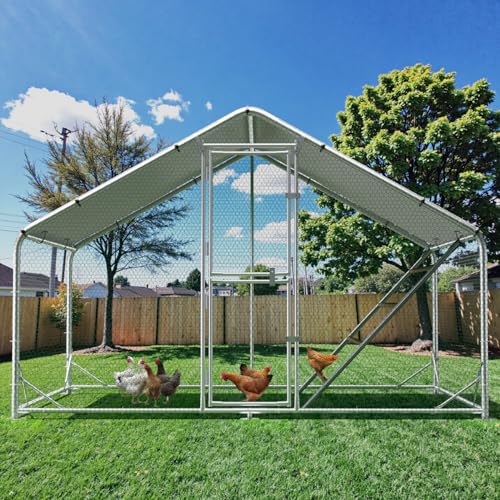 Large Metal Chicken Coop Runs for Yard with Cover, 10x6.5x6.5 | Perch Bars, Split Doors, Waterproof Covers, Mesh Wire - color: Spire Top, size: 118.1"L x 78.7"W x 78.7"H