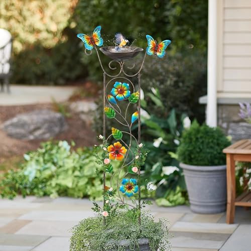SUNNYPARK 43.5 Inch Metal Bird Bath Bowl with Garden Trellis Outdoor | Easy install, Garden birdbath and Plants Trellis 2 in 1, Decorative with Floral, Functional Decor for Yard Patio Lawn - size: Floral-Butterfly