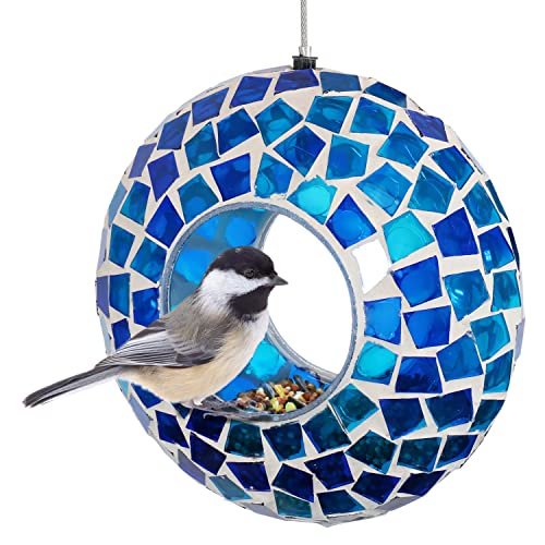 Sunnydaze Mosaic Glass Bird Feeder, Fly-Through, Blue Mosaic | 6" Small Unique Hanging Bird Feeder for Outdoors, Drainage Hole, Weather-Resistant, Birdfeeder for Cardinals, Jays, & Finches - color: Blue Mosaic
