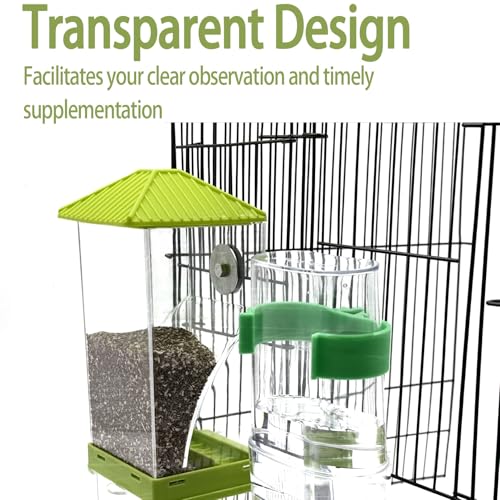 Automatic No Mess Bird Feeder Water Dispenser Set | Acrylic Transparent Parakeet Cage Accessories Bird Feeder and Waterer in Cage for Small and Medium Cockatiel Finche - color: Green + Green