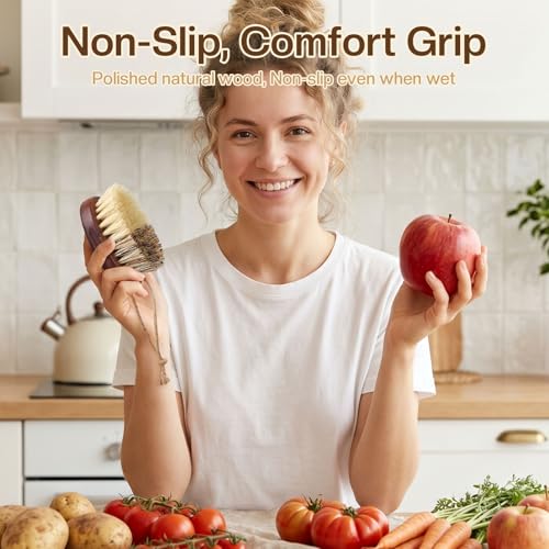 Vegetable and Fruit Cleaning Brush Scrubber Beechwood Handle Fruits Veggie Wash Brushes Potato Carrot Cucumber Mushrooms Washing Cleaner(Beige Brown, 1) - color: Beige Brown
