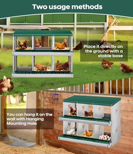 6 Compartment Chicken Nesting Box, Heavy Duty Metal Laying Box with Perch, Easy Assembly & Easy Clean for Outdoor Chicken Coop, Green - color: Green, size: 6 Compartment
