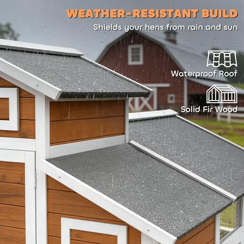 PawHut 79" L Chicken Coop for 6 Chickens with Run 2 Nesting Boxes Orange | Outdoor Wooden Hen House Poultry Cage, Slide-Out Tray, Sliding Rod Door, Roosting Bar, Waterproof Asphalt Roof