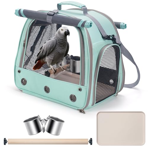 Bird Carrier Parrot Travel Cage with Perch, Food Bowl, Tray and Breathable Clear Window, Bird Travel Bag for African Gray Cockatiel Caique Conure Quaker, for Vetting Camping Hiking (Blue) - color: Blue