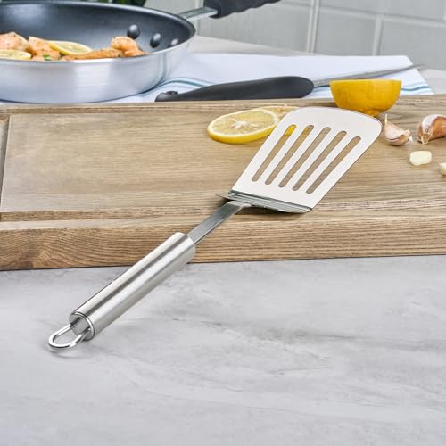 Restaurantware 12.5 in Stainless Steel Slotted Turner - German Standard Heat Resisant Metal Spatula with Ergonomic Handle, Dishwasher Safe - Kitchen Turner for Grilling, BBQ, Frying - size: Steel Slotted Spatula