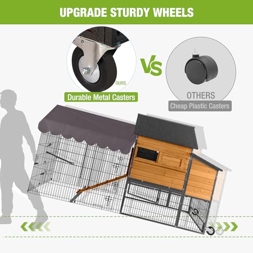 Large Chicken Coop with Run for 6-8 Chickens, All-Around Iron Frame Chicken Tractor with Wheels, Wooden Hen House Poultry Cage with Nesting Boxes and Metal Tray - size: 85.6"L x 40.6"W x 48.2"H