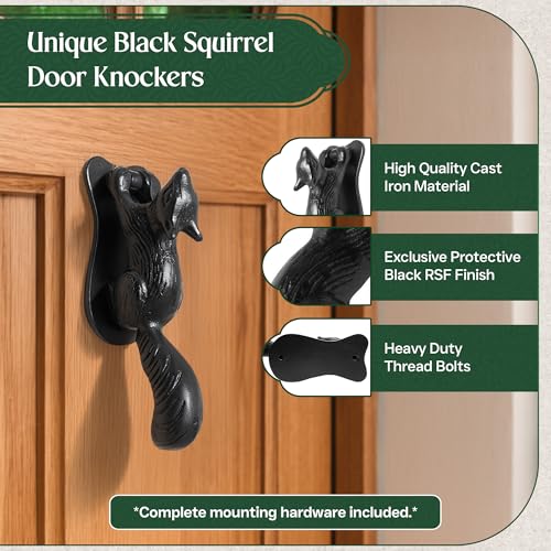 Renovators Supply Manufacturing Door Knockers for Front Door 6.75 in. Black Cast Iron Squirrel Shaped Door Knocker with Mounting Hardware - color: Black Squirrel