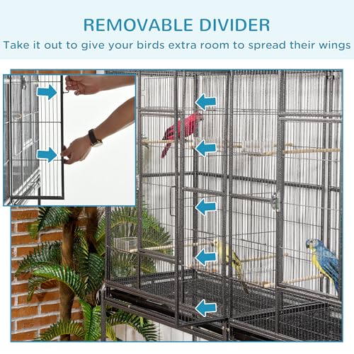 PawHut 65" Double Rolling Metal Bird Cage with Divider, Large Parrot Cage for Parakeet, Canaries, Lovebirds, Budgie, Finch, with Detachable Rolling Stand, Storage Shelf, Wood Perch & Food Container | for Parakeet, Canaries, Lovebirds, Budgie, Finch, Detac