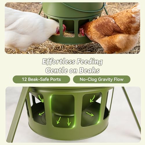 KOL Metal Chicken Feeder - 20lbs No Waste Chicken Feeder with 12 Ports, Powder Coated Rust-Proof Design & Smooth Edges for Safe Feeding (Avocado Green) - color: Avocado Green